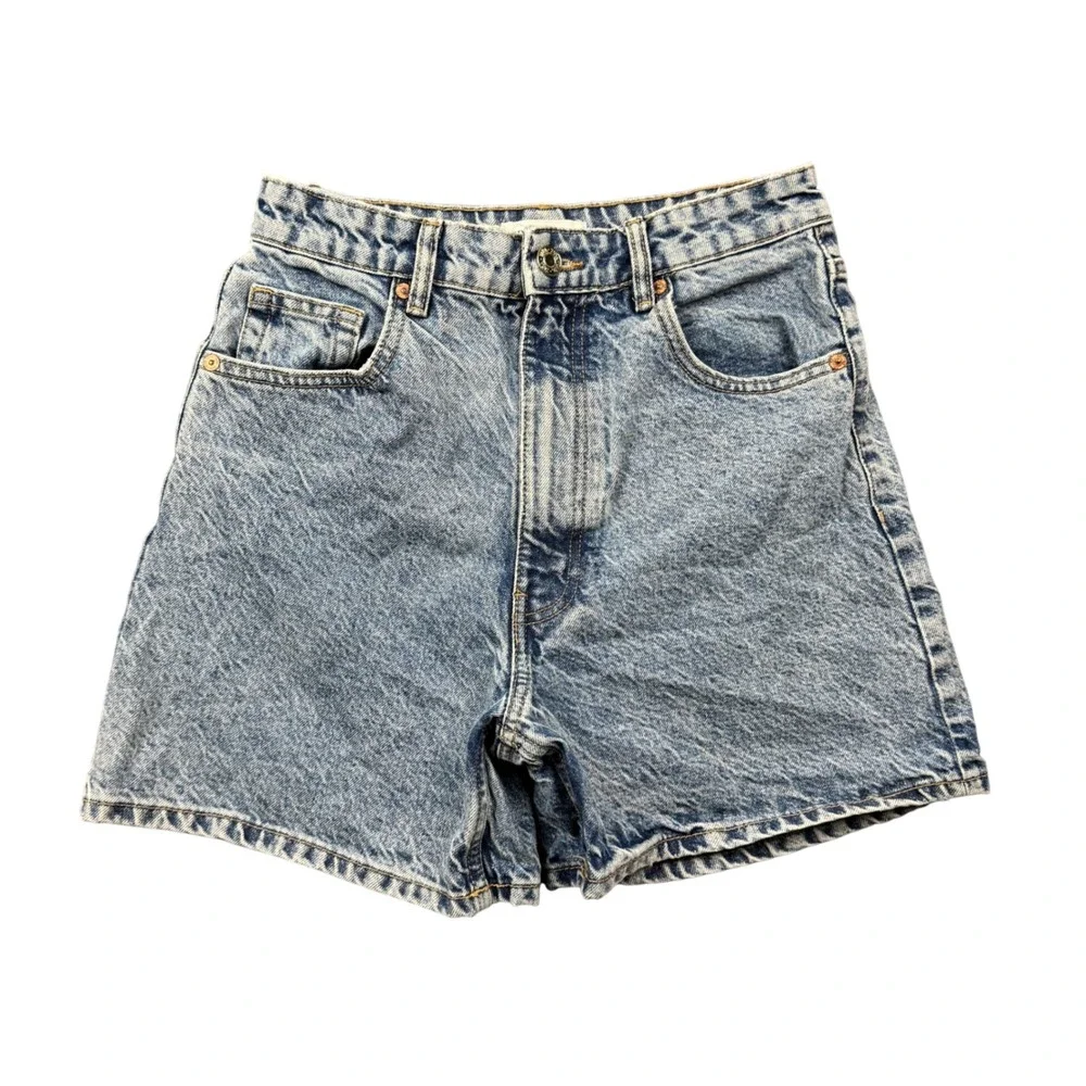 ZARA Women Blue Acid Wash High Waisted Denim Mom Shorts Size 6 Long Jorts